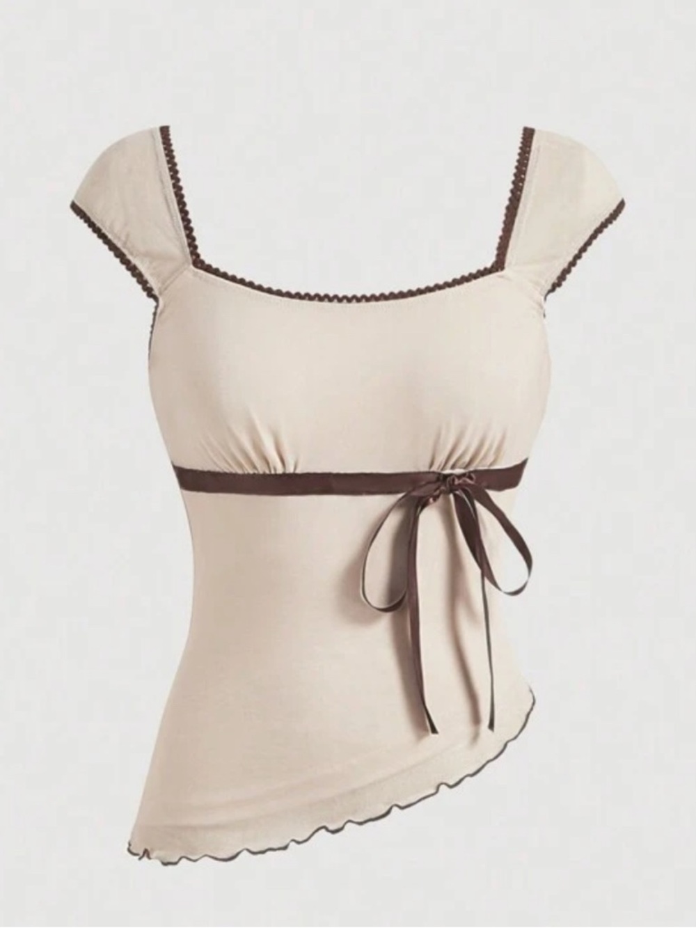 Beige and Chocolate Ribbon Trim Asymmetric Tank Top